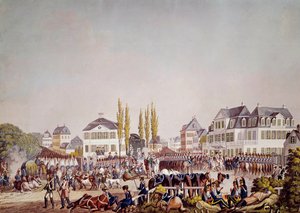 Kaiser Napoleon I. (1769-1821) inspiziert die Truppen in Frankfurt. Gravur von 1813 von Unknown artist