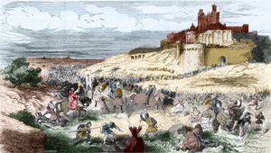 Gravur: Kreuzzug gegen die Katharer - Albigenser - Eroberung von Béziers am 21. Juli 1209 durch Simon de Montfort (Simon IV., Graf von Montfort), die 7000 Einwohner werden massakriert und die Stadt geplündert und verbrannt - Gravur in "Histoire De France E