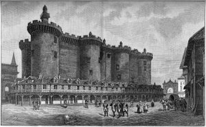 Gravur, die das Bastille-Viertel mit dem Gefängnis im Jahr 1788 darstellt