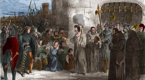 Enguerrand de Marigny (1260-1315), Kämmerer und Minister von König Philipp IV. der Schöne, auf dem Weg zur Folter im Jahr 1315. Stich in „Histoire De France En Cent Tableaux“ von Paul Lehugeur 1891 - Enguerrand de Marigny (1260-1315), Kämmerer und Minister von Unknown artist