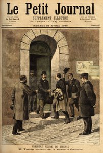 Eugene Turpin (1848-1927), Chemiker, Erfinder von Melinit (einem Sprengstoff) im Jahr 1884, zu Unrecht beschuldigt, seine Erfindung an den Feind verkauft zu haben, wurde unschuldig erklärt und aus dem Gefängnis von Etampes entlassen. Gravur in „Le petit jo von Unknown artist