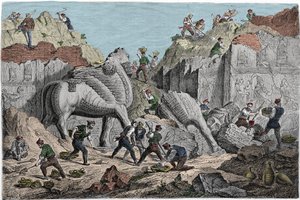 Ausgrabungen von Paul-Emile Botta, Konsul von Frankreich in Ninive am Standort von Khorsabad, ehemalige assyrische Hauptstadt nördlich von Mossul. Irak. Gravur des 19. Jahrhunderts