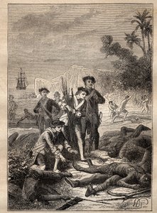 Expedition von Jean Francois de Surville (1717-1770) in die Südsee (1769-1770): die Matrosen von Surville sammeln die Waffen der Eingeborenen, die während der Schlacht starben (Neuirland, Papua-Neuguinea) - Illustration aus „The Great Mariners von Unknown artist
