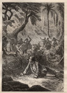 Expedition von Nicolas Thomas Marion-Dufresne (Marion Dufresne) (1729-1772): Der einzige überlebende Matrose bezeugt das Massaker an all seinen Kameraden, einschließlich Marion, durch die Eingeborenen der Assassins Bay (Matuaro-Insel, Neuseeland) - Illustr von Unknown artist