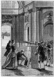 Experiment von Pierre Bouguer (1698-1758) an der Kuppel des Invalidendoms (Paris), um die Ausdehnung von Körpern durch Wärme zu demonstrieren (1745). Gravur in „La Nature: revue des sciences et de leurs applications aux arts et a l