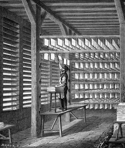 Ausdehnung von Papierbögen zur Formung in „Die Wunder der Industrie“ von Louis Figuier, Paris