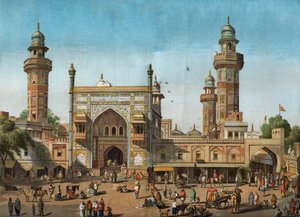 Außenansicht der Wazir-Khan-Moschee in Lahore, Pakistan. Gravur in „The Illustrated London News“ vom 22. Mai 1858. von Unknown artist
