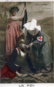 Glaube an das Vaterland „Gott schützt Frankreich“: Allegorie Frankreichs mit der Trikolore, die eine Krankenschwester mit Rotkreuz-Armbinde betrachtet, die einem französischen Soldaten, der im Krieg von 1870 gegen Preußen aufgestanden ist, Pflege gibt. Far