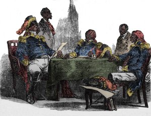 Faustin Soulouque (1782-1867) genannt Faustin I., Kaiser von Haiti von 1847 bis 1859, dargestellt bei einem Treffen. Gravur aus „Emporio picturesco“ 1850