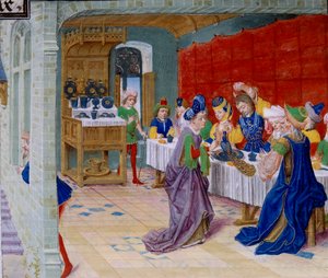 Festmahl-Szene, ein Pfau wird auf dem Tisch serviert. Miniatur aus „La Vraye Histoire du Bon Roy Alixandre“ von Kallisthenes (ca. 360-328 v. Chr.)