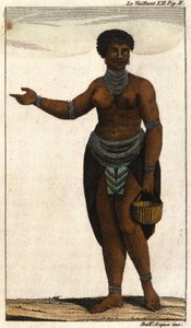 Weibliches Mitglied des südafrikanischen Stammes der Hottentotten, Gravur von 1820