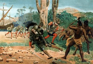 Fernand de Magellan starb (ca. 1480-1521), portugiesischer Seefahrer, getötet auf der Insel Mactan (Philippinen) am 27. April 1521. nach hombres y Mujeres celebres. Barcelona 1877.