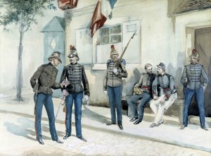 Feuerwehrleute vor ihrer Kaserne im Jahr 1870