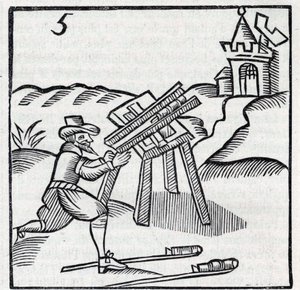 Feuerwerk und Feuerwerkskörper: Handwerker wirft Stöcke. Reproduktion der Gravuren aus dem Werk des französischen Jesuiten Jean Leurechon „La recreation mathematiques, ou Interview facetieux sur plusieurs plaisants problemes, en fait d
