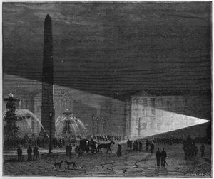 Erstes öffentliches Experiment der elektrischen Beleuchtung auf der Place de la Concorde in Paris von Deleuil und Léon Foucault im Dezember 1844. in „La Nature. Revue der Wissenschaften und ihrer Anwendungen in Kunst und Industrie.“