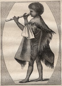 Erste Reise (1768-1771) von Kapitän James Cook (1728-1779): Tahitianischer Flötenspieler - Illustration aus „Die großen Seefahrer des 18. Jahrhunderts“