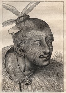 Erste Reise (1768-1771) von Kapitän James Cook (1728-1779): tätowierter Kopf eines Neuseeländers - Illustration aus „Die großen Seefahrer des 18. Jahrhunderts“