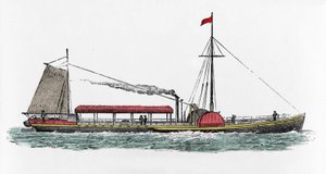 Erste Fahrt des Dampfschiffs „Clermont“ von Robert Fulton (1765-1815), amerikanischer Ingenieur auf dem Hudson River, USA von Unknown artist