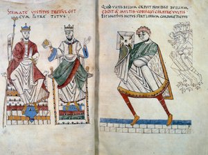 Flavius Josephus (ursprünglich Yossef ben Matityahu), griechischsprachiger jüdischer Historiker (37-100), bietet seine Bücher den Kaisern Titus und Vespasian an. Miniatur aus „De Bello Judaico (Krieg der Juden)“ (Folio 2 und 3)