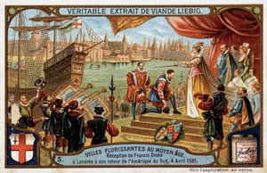 Blühende Städte des Mittelalters: Empfang von Francis Drake (1542-1596) in London (England), bei seiner Rückkehr aus Südamerika, 4. April von Unknown artist
