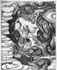 Entstehung der Welten: der chinesische Gott Pan-Kou-Che schnitzt die Erdkruste. Gravur im „Journal de la jeunesse“