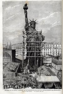 Frankreich, Paris, Übergabe der Freiheitsstatue an den US-Botschafter - Verpackung der Freiheitsstatue von Frederic Auguste Bartholdi (1834-1904) im Gerüst, um sie von Paris nach Amerika zu transportieren