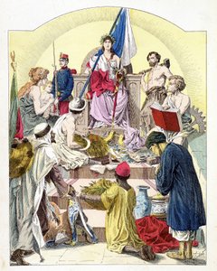 Frankreich, unter den Zügen von Marianne, umgeben von seinen personifizierten Kolonien (in „Geschichte Frankreichs“ von E. Grobet, ca. 1915)