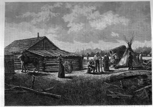 Franco-kanadisches Métis-Dorf in Kanada. Gravur im „Le journal de la jeunesse“ von Unknown artist