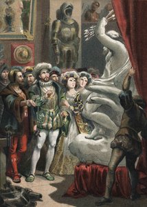 Franz I. (1494-1547), König von Frankreich, beim italienischen Bildhauer Benvenuto Cellini (1500-1571). Gravur von 1881 in „El Culto de la Hermosura“ von Juan Justo Huguet, Molinas Hermanos editores