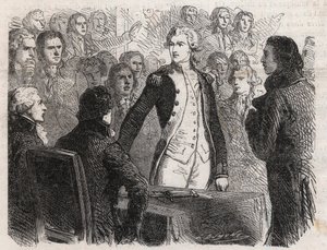 Französische Revolution: General Gilbert du Motier de La Fayette (1757-1834) tritt vom Kommando der Nationalgarde zurück - Gravur in „Le Monde Illustré“