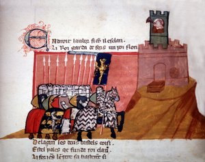 Französische Ritter vor einer Burg. Manuskript aus dem 13. Jahrhundert