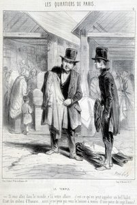 Fripier aus dem Tempelbezirk in Paris versucht, einem Mann Kleidung zu verkaufen. Gravur des 19. Jahrhunderts