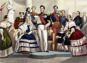 Von 1830 bis 1848. Prinzessin Marie, Marie Amélie, Louis Philippe I., der Graf von Paris, der Herzog von Chartres und Prinzessin Hélène. Gravur des 19. Jahrhunderts von Unknown artist