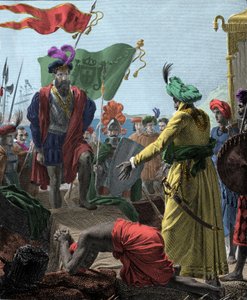 Von Vasco de Gama nach Calicut (heutiges Kozhikode) in Indien im Jahr 1498. Gravur 1817 von Unknown artist