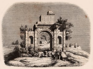 Vorderansicht des römischen Bogens von Djemilah in Algerien: zwei französische Soldaten posieren vor den Ruinen von Unknown