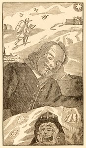 Frontispiz aus The Pilgrims Progress From This World, To That Which Is To Come von John Bunyan (1628-1688), zeigt den Autor, der von dem Pilger Christian träumt, der mit dem Wissen um seine Sünde belastet ist