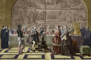Galileo Galilei vor der Inquisition des Heiligen Offiziums im Vatikan (1632). Gravur nach dem Gemälde von Robert-Fleury Joseph Nicolas (1797-1890). von Unknown artist