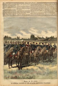 General Felix Gustave Saussier (1828-1905), Militärgouverneur von Paris seit 1884, umgeben von ausländischen Militärs, überprüft die Truppen während der Parade am 14. Juli 1891 in der Ebene des Bois de Boulogne. Gravur in „Le petit journal“