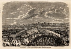 Gesamtansicht von Yedo (oder Edo, heutiges Tokio) von der Nippon Bassi (die Brücke von Nippon), lebhafte Animation von Passanten und Trägern auf der Brücke, zwischen den Händlergassen, Blick auf die Geschäfte und im Hintergrund, Blick auf den Berg Fuji. Gr von Unknown artist