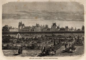 Gesamtansicht des Palastes und der Gärten von Fontainebleau, vom Boden aus gesehen. Illustration einer Beschreibung des Schlosses und Waldes von Fontainebleau, 1867, von M. Pays, in "Le tour du monde, nouveau journal des voyages"