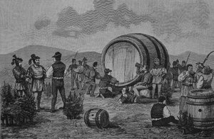 Deutscher Bauernkrieg (1524-1526): Bauernlager auf den Wacholdern mit einem großen Weinfass