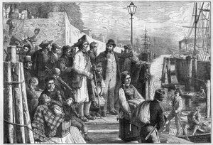 Deutsche Auswanderer nach New York, die 1874 auf einem Hamburger Dampfer einschiffen - Gravur von Unknown artist