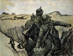 Deutsche Soldaten werfen Granaten aus Schützengräben auf feindliche Truppen. 26.05.1917. von Unknown Artist