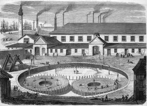 Glas-Eiliot-Elektrokabelfabrik in Greenwich. Wickeln des Kabels in den Becken vor dem Transport auf dem Schiff „Leviathan“. Gravur von 1865