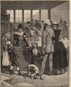 Glaskunst: Touristen kaufen eine Perle, die in einer Glasfabrik in Venedig, Italien, geblasen wurde. Gravur von 1885 in „Les arts et métiers illustrés“ von Adolphe Bitard.