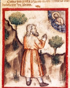 Gott fordert Jakob auf, nach Bethel zu gehen und einen Altar zu bauen. Miniatur aus Codex 212 (oder Padovano Codice oder Bibel von Padua) 1390-1400