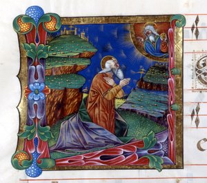 Gott befiehlt Moses, das Volk Israel aus Ägypten zu führen. Miniatur aus einem Chorbuch des 15. Jahrhunderts (civitatis von Augustinus). Bibliothek von Lodi