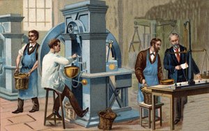 Goldabbau. Münzpräge- und Prüfwerkstatt. Chromolithographie des späten 19. Jahrhunderts.