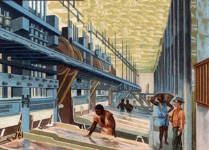 Goldabbau. Das Erz wird im Mörser gewaschen und dann über Kupferplatten geleitet, um das Gold von den anderen Materialien zu trennen. Chromolithographie aus dem späten 19. Jahrhundert.