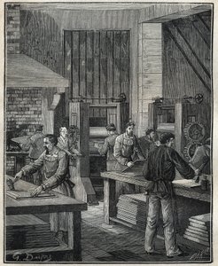 Goldschmied: Vorbereitung der Platte, Vorbereitung des Metalls für die Ausführung einer speziellen Silberware. Gravur von 1885 in „Les arts et métiers illustrés“ von Adolphe Bitard.